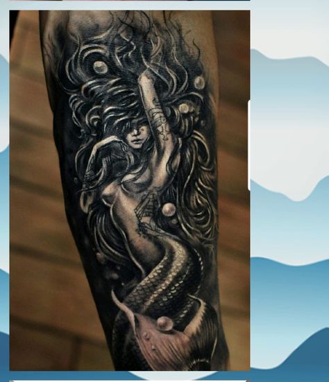 Badass mermaid tattoo Mermaid Sleeve Tattoos, Nautical Tattoo Sleeve, Siren Tattoo, Mermaid Tattoo Designs, Pirate Tattoo, Polynesian Tattoos, Sea Tattoo, Geometric Tattoos, Nautical Tattoo