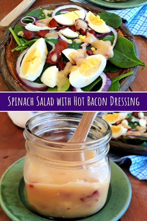 This Spinach Salad with Hot Bacon Dressing is filled with fresh, tender spinach greens and topped with a flavorful hot bacon dressing. It’s perfect for a light lunch or a side dish at dinner. Spinach Salad With Hot Bacon Dressing, Warm Bacon Dressing For Spinach Salad, Hot Bacon Dressing For Spinach Salad, Spinach Salad With Warm Bacon Dressing, Spinach Salad Recipes Easy, Hot Bacon Dressing Recipe, Salad With Hot Bacon Dressing, Fresh Spinach Recipes, Spinach Salad Dressing