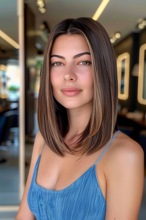 Woman with sleek, straight hair styled to flatter her oval face. Mid Hair Length Straight, Oval Face Straight Hairstyles, Straight Haircuts For Oval Face, Mid Straight Hair, Short Haircuts For Oval Face Shape Women, Short Haircuts For Women Oval Face, Oval Shape Haircut For Women, Straight Hair For Oval Face, Oval Haircut Medium