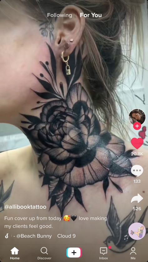 Woman Side Neck Tattoo, Large Back Of Neck Tattoo, Rose Throat Tattoos Women, Neck Cover Up Tattoos Men, Rose Throat Tattoo, Side Neck Tattoos Women, Throat Tattoos, Rose Neck Tattoo, Flower Neck Tattoo