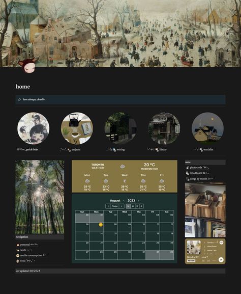 Notion Dashboard Ideas Aesthetic Dark, Vintage Notion Template, Notion Set Up, Notion Templets, Dark Notion, Notion Dashboard Ideas Aesthetic, Notion Dashboard Ideas, Notion Home Page, Notion Agenda