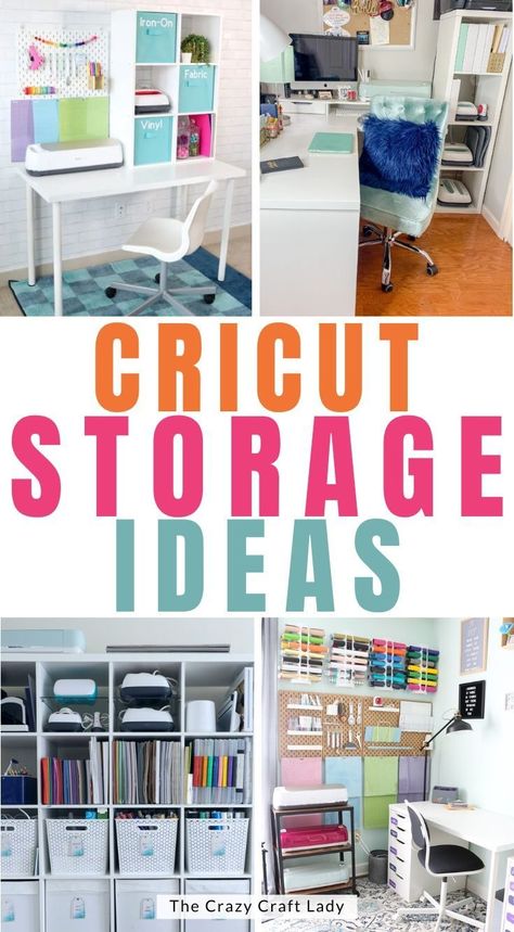 These Cricut Storage Ideas are sure to inspire you to get and keep your Cricut machine and accessories neat and organized. No matter how much space you have, I've got ideas for everyone! Ikea Workstation, Cricut Organization Ideas, Cricut Storage Ideas, Rolling Craft Cart, Cricut Organization, Home Office Basement, Cricut Storage, Craft Storage Cart, Office Basement