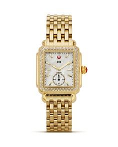 MICHELE Deco Diamond Gold Watch, 16mm Michele Watches Women, Michelle Watch, Michele Deco Watch, Gold Diamond Watches, Michele Watches, Cowgirl Bling, Watches Women, Gold Plated Bracelets, Diamond Gold