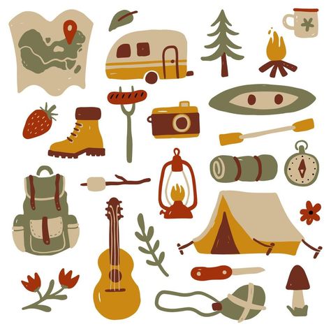 Camping Wallpaper, Camping Icons, Camping Clipart, Scrapbook Cover, Retro Camping, Camping Aesthetic, Camping Theme, Magical Art, Travel Stickers