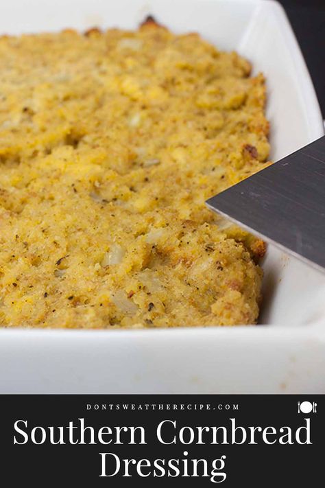 Our traditional Southern Cornbread Dressing recipe is a must-have at the Thanksgiving and Christmas table! Deliciously moist and seasoned perfectly. #dressing #cornbread Southern Dressing Recipe Cornbread With Cream Of Chicken, Cornbread Dressing Southern Video, Classic Cornbread Dressing Recipe, Southern Cornbread Dressing Paula Dean, Southern Cornbread Dressing With Chicken, Traditional Cornbread Dressing, Dressing Recipes Thanksgiving Cornbread, How To Make Dressing, Homemade Dressing For Thanksgiving