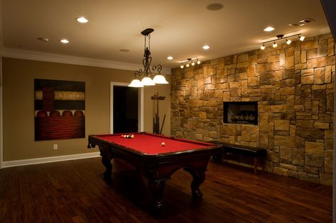 Red Pool Table Room Ideas, Basement Pool Table Room, Red Pool Table, Pool Table Room Ideas, Red Pool, In Home Theater, Contemporary Basement, Recessed Can Lights, Pool Table Room