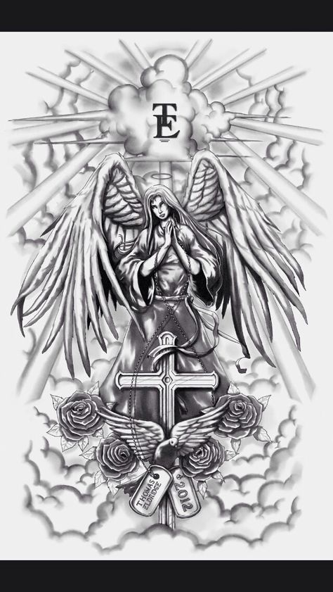 More ideas Angel Tattoo Drawings, Angel Sleeve Tattoo, Guardian Angel Tattoo Designs, Guardian Angel Tattoo, Angel Tattoos, Christian Sleeve Tattoo, Kunst Tattoos, Full Sleeve Tattoo Design, Cross Tattoos