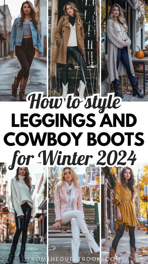 women wear leggings and cowboy boots New York Cowboy Boots Outfit, Cowboy Boot Styling, Tall Tan Cowboy Boots Outfit, Winter Western Boots Outfit, How To Style Cowgirl Boots Winter, Pregnant Cowboy Boots Outfit, Sweater And Cowboy Boots Outfit, Flare Jeans Cowboy Boots Outfit, Dingo Boots Outfit