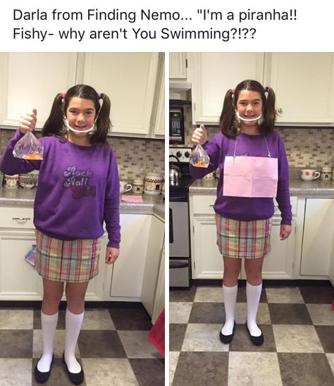 Darla Sherman from finding Nemo Bookweek Costumes Diy, Darla Sherman Costume, Finding Nemo Group Costume, Disney Day Spirit Week Outfits Easy, Darla Finding Nemo Costume, Meme Day Outfits, Disney Day Spirit Week, Meme Day Outfits Spirit Week, Finding Nemo Costume