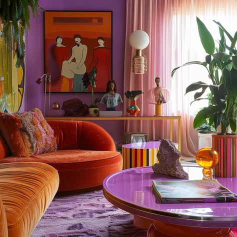 Who’s says Orange and purple…and red can’t go together #colorindesign #aiinteriors Red And Purple Room Ideas, Colourful Interior Design Living Rooms, Orange And Purple Decor, Orange Salon Decor, Bright Colorful Home Interior, Red And Purple Room, Orange Purple Bedroom, Colorful Cozy Home, Orange And Purple Room