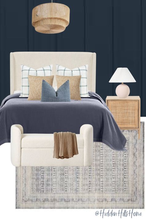 Cream And Navy Bedroom, Navy And Tan Bedroom, Navy Blue And Cream Bedroom, Navy Bedding Ideas, Navy And Beige Bedroom, Navy And Cream Bedroom, Tan And Blue Bedroom, Cream Headboard Bedroom Ideas, Navy Accent Wall Bedroom