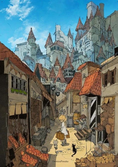 Posuka Demizu, Town Drawing, I Love You Drawings, Quiet Girl, Bg Design, The Amazing World Of Gumball, Environment Concept Art, Gorgeous Art, Fantasy Landscape