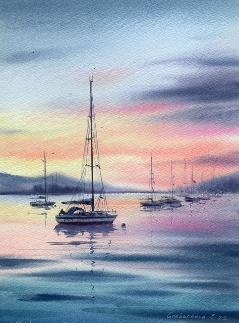 Sailing Art, Watercolor Paintings Nature, Watercolour Landscape, Surreal Artwork, Watercolor Sky, Watercolor Paintings For Beginners, Flower Art Drawing, Watercolor Sunset, Art Watercolor Painting