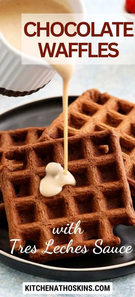 Learn how to make easy fluffy chocolate waffles recipe for two, that is made without buttermilk can be made ahead for a crowd or for kids. Serve this homemade waffle recipe with tres leches sauce for brunch. Get this chocolate waffles with milk at kitchenathoskins.com. Small Batch Waffle Recipe, Waffle Recipe For Two, Waffles For Two, Eggless Waffle Recipe, Homemade Waffle Recipe, Blender Waffles, Chocolate Waffle Recipe, Best Waffle Recipe, Homemade Waffle