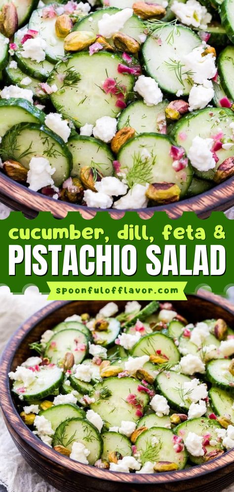 Try this easy side dish for dinner! It will become your new favorite spring salad. Tossed with dill, feta, and pistachios, this cucumber salad recipe has the perfect combination of flavors and textures! Easy Spring Recipes, Pistachio Salad, Cucumber Dill, Spring Recipe, Simple Vinaigrette, Salad Healthy, Refreshing Salad, Apple Salad, Salad Pasta