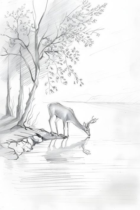 Pencil Art Drawings Sketches Simple Nature, Deer Drawing Sketches, Landscape Sketch Nature, Pencil Art Animals, Landscape Drawings Pencil, Landscape With Pencil, Nature Sketches Pencil, Sketches Landscape, Pencil Landscape