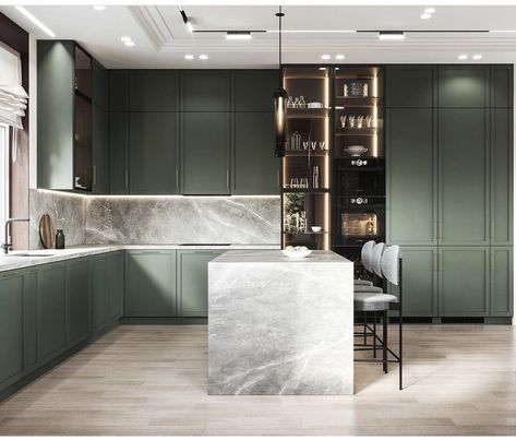 Countertop Aesthetic, Modern Green Kitchen, Modern Kitchen Aesthetic, Dark Green Cabinets, Oak Countertop, Sleek Modern Kitchen, Emerald Green Inspiration, Kitchen Aesthetic, Green Cabinets