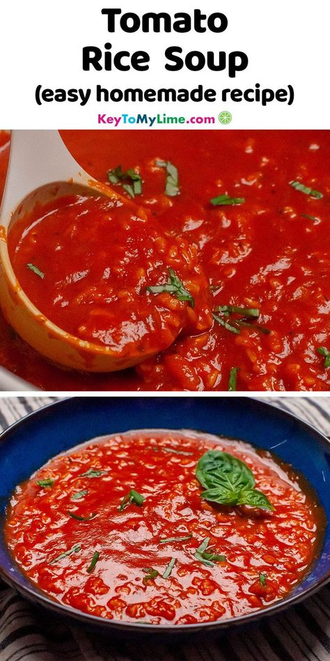 Two pictures of tomato rice soup, with title text at the top. Instant Pot Tomato Rice Soup, 10 Minute Rice Soup 12 Tomatoes, Tomato Rice Soup Recipe, Rice Soup Crockpot, Tomato Rice Soup, Soup Quick, Sautéed Onions, Beef Chili Recipe, Old Fashioned Recipe