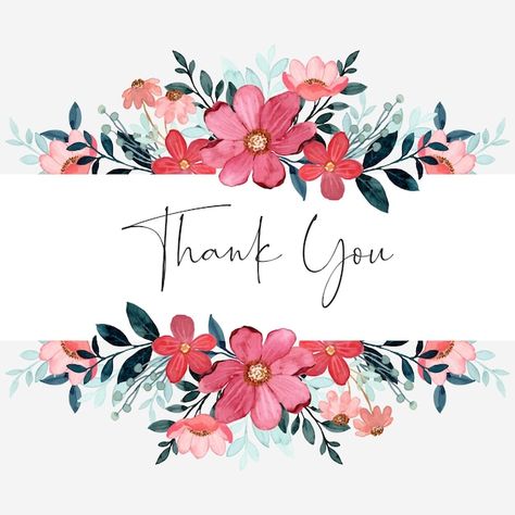 Thank you card with red green floral wat... | Premium Vector #Freepik #vector #flower-backdrop #flower-wreath #flower-border #watercolor-wreath Flower Painting Border, Floral Thank You, Border Design With Flowers, Thank You With Flowers, Thank You Card Flowers, Flower Logos Ideas, Thank You Page Design, Thank You Design, Flowers Border Design