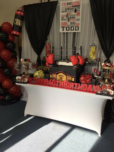 Boxing Theme Birthday Party Dessert Table and Decor @dazzlingpartydesigns Boxing Theme Balloon Garland, Boxing Theme Party Ideas Decorations, Ufc Party Ideas Decorations, Boxer Birthday Party, Mma Birthday Party Ideas, Boxing Themed Birthday Party, Rocky Theme Birthday Party, Rocky Balboa Party Ideas, Rocky Balboa Birthday Party