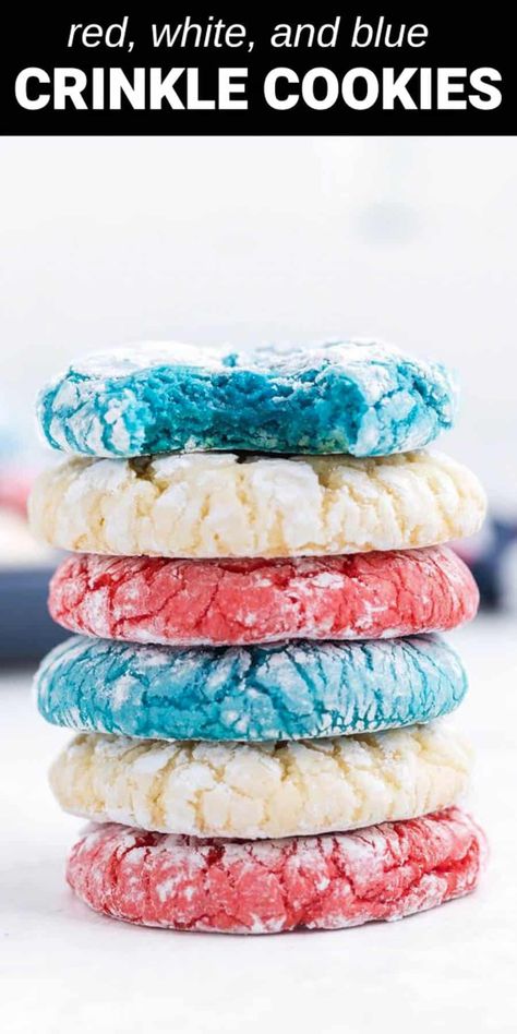 These red, white, and blue crinkle cookies are a fun and patriotic treat that’s perfect for your Fourth of July celebration. Colorful and delicious, these festive cookies are an eye-catching treat that everyone will want to try! Blue Crinkle Cookies, Amazing Easy Recipes, Patriotic Treats, Crackle Cookies, Cake Batter Cookies, Fourth Of July Celebration, Lemon Crinkle Cookies, Patriotic Desserts, Blue Cookies