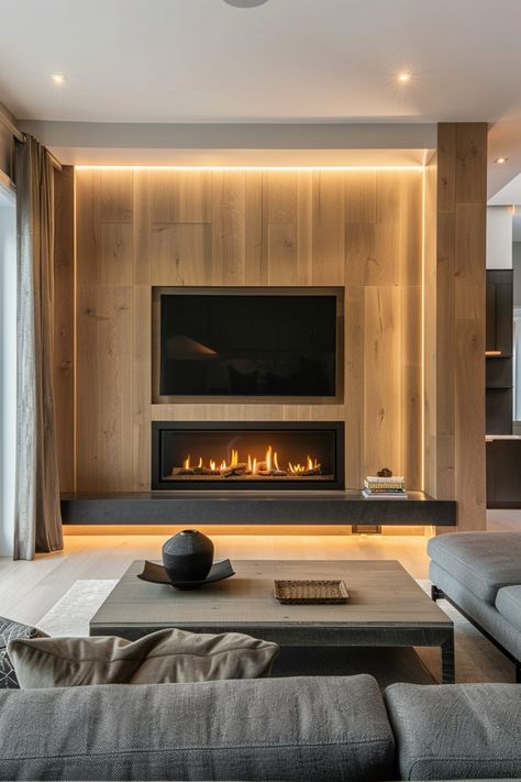 Enhance your living space with elegant fireplace wall designs that feature a wall-mounted TV. Find more ideas in this article. Modern Fireplace With Tv Above, Flush Fireplace Wall, Linear Fireplace With Tv Above Modern, Bedroom Fireplace Wall, Modern Fireplace Wall, Fireplace Tv Wall Ideas, Fireplace Wall Ideas With Tv, Fireplace Wall Ideas, Elegant Fireplace