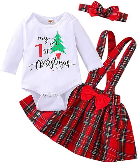 Amazon.com: Newborn Baby Girl Christmas Outfits My 1st Christmas Romper+Suspender Skirt +Headband Overall Clothes Set: Clothing Newborn Christmas Outfit, Christmas Baby Romper, My First Christmas Outfit, My 1st Christmas, Plaid Skirt Set, Christmas Dress Baby