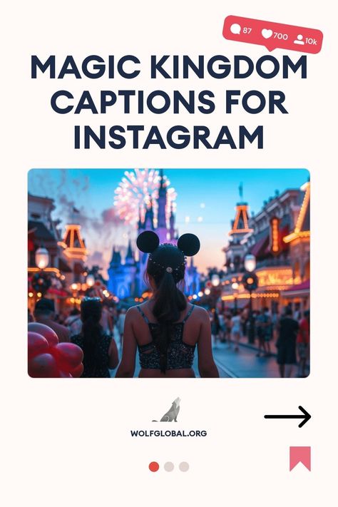 "Woman wearing Mickey Mouse ears watching fireworks at Magic Kingdom, Instagram guide graphic."
Graphic checklist with Disney-themed aspirations and emojis, with a 'Get 100+ more' button at the bottom.
Ad featuring a smiling woman with laptop promoting Instagram engagement service by WolfGlobal.org. Disney Love Quotes, Forced Perspective, Insta Captions, Aladdin And Jasmine, Space Mountain, Green With Envy, Captions For Instagram, Happiest Place On Earth, Disney Quotes