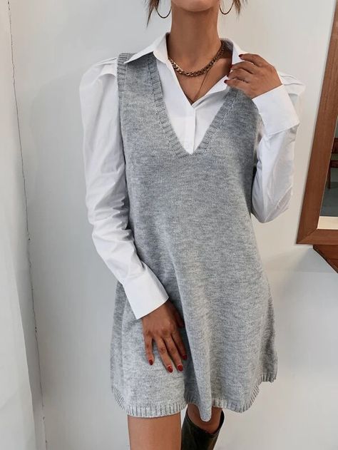 V-neck Solid Sweater Dress Without Blouse | SHEIN USA Pineapple Clothes, Sleeveless Sweater Dress, Solid Sweaters, Solid Leggings, Sleeveless Sweater, Pocket Dress, Shirt Skirt, Dress With Pockets, Basic Style