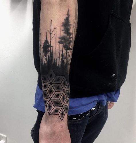 Geo Forest Mandala Hip Tattoo, Forest Forearm Tattoo, Arm Cover Up Tattoos, Forest Tattoo, Wrap Around Tattoo, Geometric Sleeve Tattoo, Forearm Band Tattoos, Hawkes Bay, Armband Tattoo Design