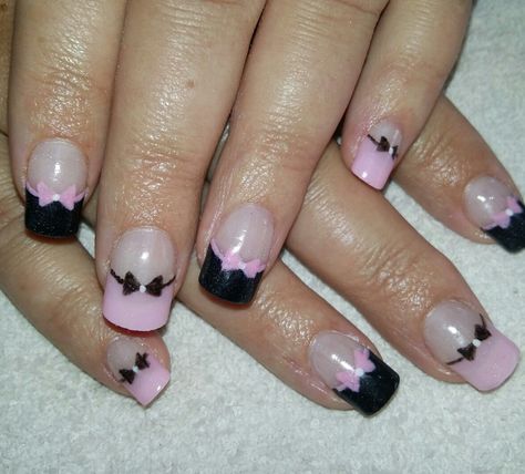 Black And Light Pink Nails Acrylic, Pink White Black Nails, Light Pink And Black Nails, Pink White Nails, Black Bows, Black Acrylic Nails, Wedding Nails For Bride, Dream Nails, Square Nails