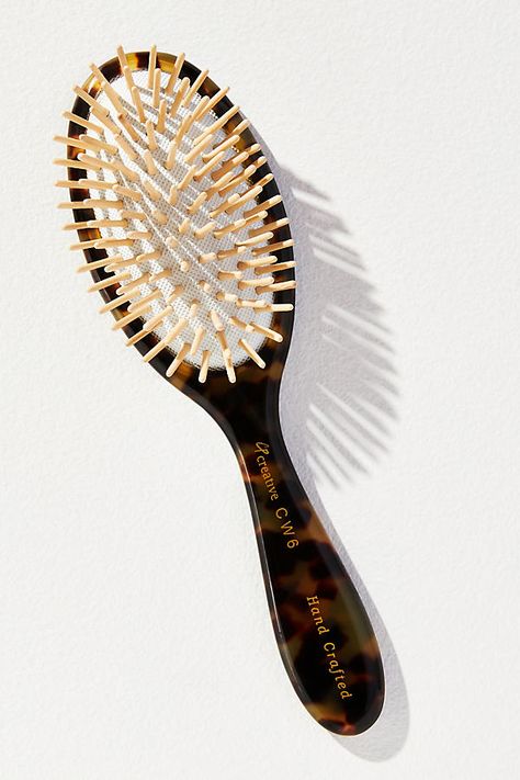 Birchwood bristles; cellulose acetate Imported | Hand-Crafted Italian-Made Hair Brush by Creative Pro Hair Tools in Brown, Women's at Anthropologie Fancy Hair Brush, Wood Hair Brush, Pretty Hairbrush, Aesthetic Hairbrush, Scandi Accessories, Hair Tools Aesthetic, Random Things To Buy, Bamboo Hair Brush, Travel Brush