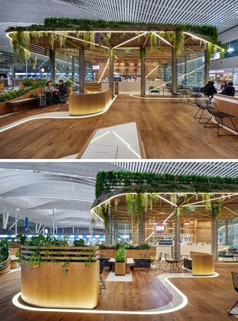 UNStudio Designed A Pair Of Plant Covered Cafes At This Airport In South Korea | CONTEMPORIST Korea Airport, Bibliotheque Design, Cafe Seating, Restaurant Seating, Modern Cafe, Boho Interiors, Cafe Interior Design, Booth Design, Restaurant Interior