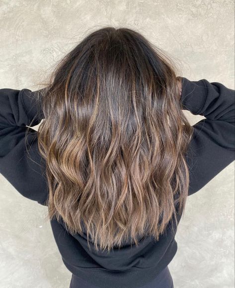 Chocolate Brown With Light Brown Highlights, Soft Brown Balayage Hair, No Bleach Balayage Brown Hair, Balayage Hazelnut Hair, Hazelnut Brown Highlights, Balayage On Mousy Brown Hair, Brown Lived In Balayage, Medium Length Brown Hair With Highlights Balayage, Light Brown Partial Balayage