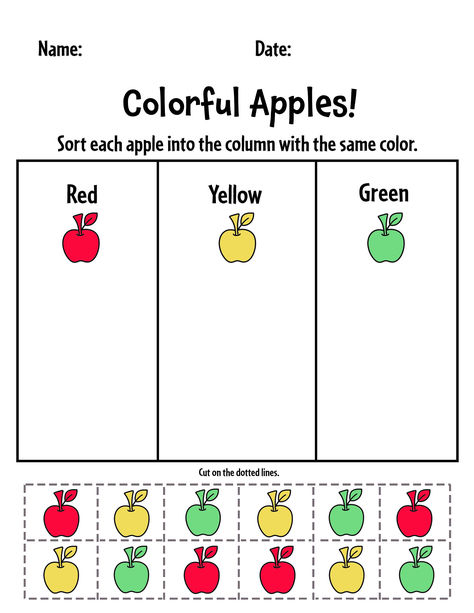 Print your Free Apple Color Sorting Sheet!  Apple Theme | Apple Activities for Preschool | Apple Printables for Preschool Learning About Fall Preschool, Apples Math Activities Preschool, Apple Curriculum For Toddlers, Kindergarten Johnny Appleseed Activities, Free Preschool Apple Printables, Learning About Apples Preschool, Apples Up On Top Activities Preschool, Apple Tasting Chart Preschool, Preschool Activities Fall Theme