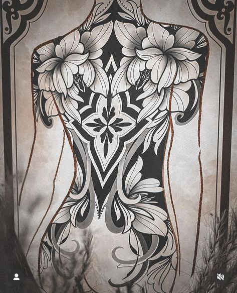 Japanese Tattoos Back Piece, Back Tattoo Women Blackwork, Back Tattoo Women Ornamental, Japanese Full Back Tattoo Design, Back Tattoo Art, Woman Full Back Tattoo Ideas, Ornamental Tattoo Back Woman, Blackwork Backpiece, Black Tattoo With White Ink