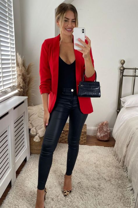 Winter Women’s Office Outfit, Works Christmas Party Outfit, Styling A Red Blazer, Womens Christmas Outfits 2024, Red Heels Christmas Outfit, Christmas Get Together Outfits, Casual Work Christmas Party Outfit Jeans, Blazer Casual Outfits For Women, Work Party Outfits Women