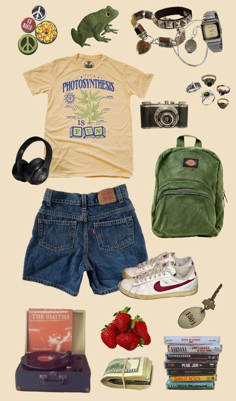 Basic Retro Outfits, Spring Skater Outfits, Casual Summer Grunge Outfits, Summer Core Outfits, Summer Outfits Granola, Downtown Summer Outfits, Woods Outfit, Mine Aesthetic, Retro Summer Outfits