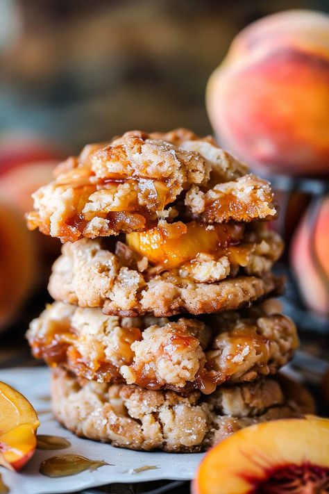 Peach Cobbler Cookies Peach Crumble Cookies, Irresistible Peach Cobbler Cookies, Peach Cobbler Cookies Recipe, Canned Peaches Recipes Desserts, Peach Cobbler Cookies, Can Peaches Recipes, Peach Cookies Recipe, Cobbler Cookies, Mini Peach Cobbler