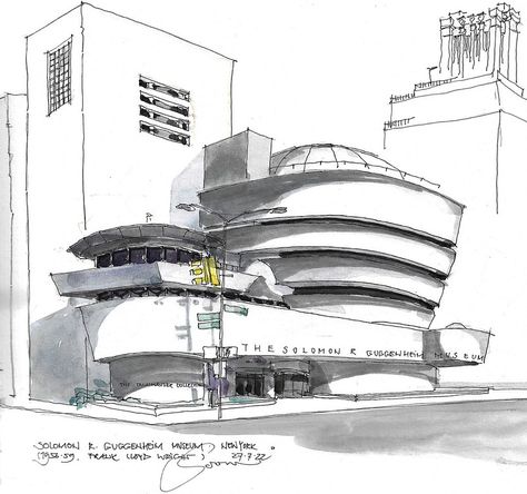 Solomon R. Guggenheim Museum, Guggenheim Museum Sketch, 2022 Inktober, Timeline Architecture, Nyc Drawing, Guggenheim Museum New York, Everson Museum, East Side New York, Unique Library