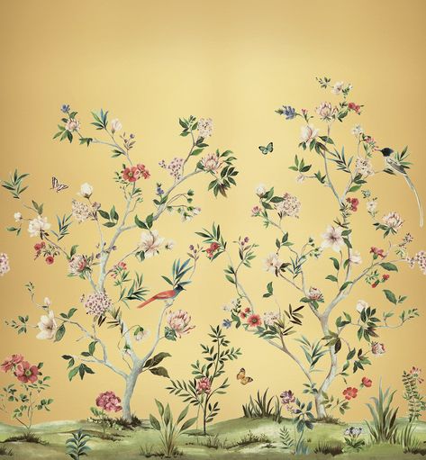 Picture of Chinoiserie Magnolia Mural - Gold Metallic Yellow Chinoiserie, Interior Wallpaper, Designer Wall, Metallic Wallpaper, Accent Wallpaper, Closet Bedroom, Modern Interiors, Paper And Ink, New Wallpaper