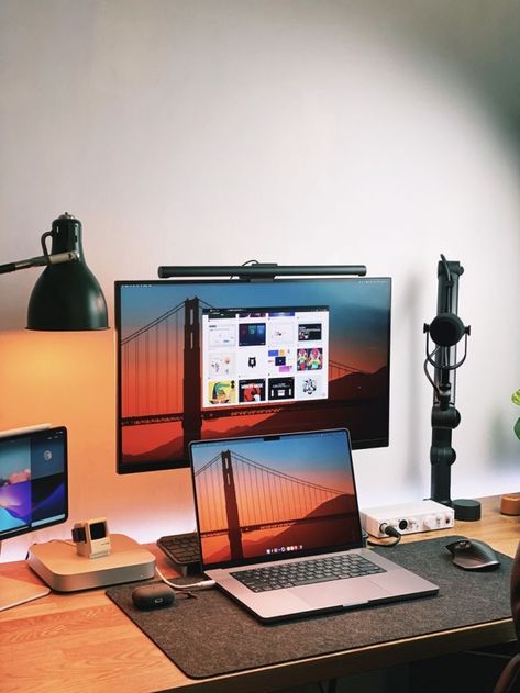 Mac And Monitor Setup, Bright Desk Setup, Macbook Pro Setup Home Office, Cozy Minimalist Desk Setup, Macbook Desktop Setup, Macbook Pro Desk Setup, Desk Setup Macbook, Mac Desktop Setup, Mac Workspace