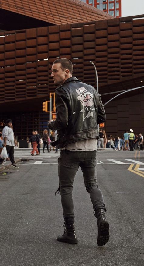 Leather Jacket And Boots Outfit Men, Rocker Chic Style Men, Beartooth Concert Outfit, Men’s Biker Style, Casual Metalhead Outfit Men, Men Motorcycle Outfit, Men Rock Style Outfit, Bad Guy Style, Modern Rockstar Outfit Men