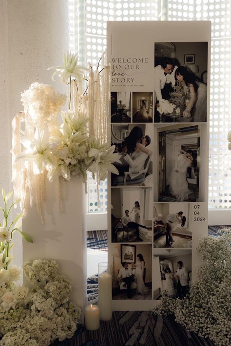 Photo Corner Wedding Decoration, Photos For Wedding Display, Picture Frames For Wedding Decor, Room Divider Photo Display, Backdrop Ideas Engagement, Wedding Photo Stand Ideas, Large Wedding Photo Display, Negative Space Wedding Decor, Gallery Wall Ideas Wedding Photos