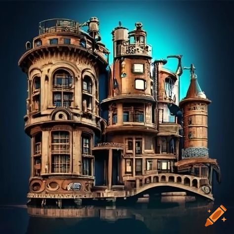 Steampunk-style building with gears and pipes on Craiyon Steampunk Building Concept Art, Steampunk Factory, Steampunk Building, Steampunk Architecture, Punk House, Steampunk Elements, Minecraft Steampunk, Steampunk City, Mansion Exterior