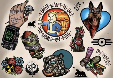 fallout tats Fallout Tattoo Ideas, Fallout 4 Tattoos, Newschool Tattoos, Fallout Tattoo, Skyrim Armor, Video Game Tattoos, Vegas Tattoo, Gamer Tattoos, Nerd Tattoo