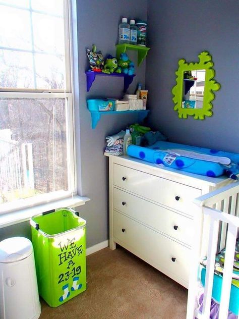 Monsters Inc Bedroom, Monsters Inc Room, Pixar Nursery, Monsters Inc Nursery, Shelves Nursery, Disney Baby Nurseries, Disney Themed Nursery, Nursery Table, Monster Nursery