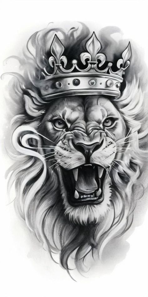 Crowned Lion Tattoo, Lion Tattoo Reference, Lion And Crown Tattoo Design, Lion Back Tattoo Design, Crown Design Tattoo, Lion With Crown Drawing, Crown Lion Tattoo, Lion Head Tattoo Stencil, Lion Tattoo Design Stencil