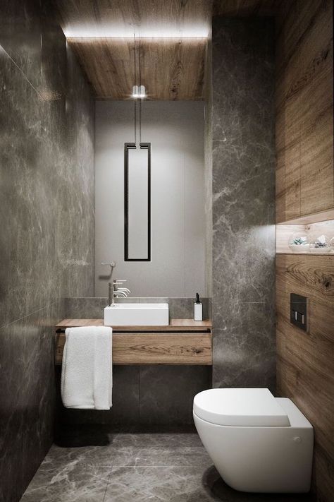 grey-marble-tiled-walls-floor-wooden-wall-shelves-floating-sink-cabinets-bathroom-ideas-for-small-bathrooms-large-mirror Design Interior Baie, Wc Decoration, Makeover Kamar Mandi, Design Interior Modern, Toilette Design, Chalet Design, Bilik Air, Toilet Sink, Toilet Design