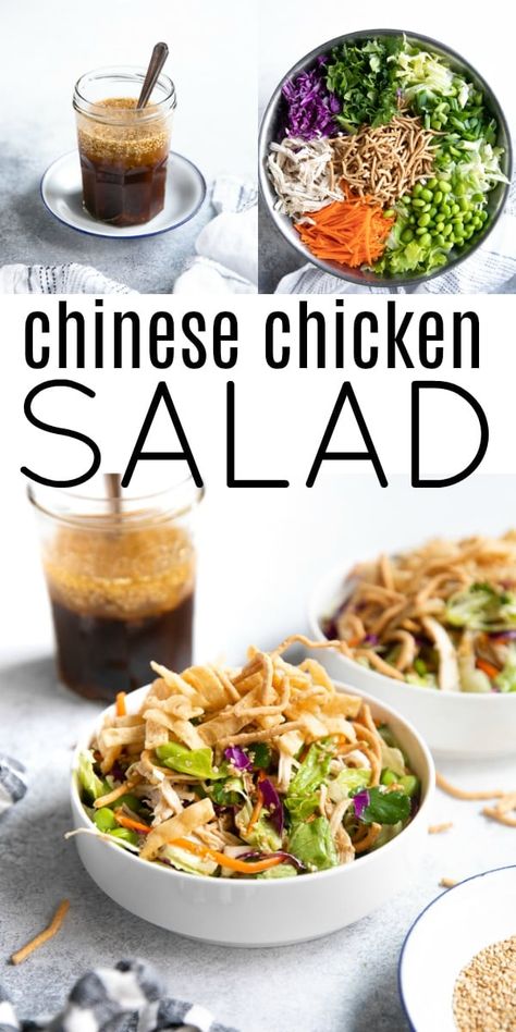 This Chinese Chicken Salad is fresh, crisp, crunchy, and a million times healthier and more delicious than your favorite restaurant. Made with juicy shredded chicken, fried wontons, mixed greens, and the very best homemade Asian sesame vinaigrette, enjoy this easy chicken salad as a satisfying lunch or light and refreshing dinner. Health Nut Chinese Chicken Salad, Chinese Chicken Salad Healthy, Chinese Chicken Salad Dressing Recipe, Chinese Chicken Salad Dressing, Juicy Shredded Chicken, Refreshing Dinner, Asian Chicken Salad Recipe, Sesame Vinaigrette, Chinese Salad